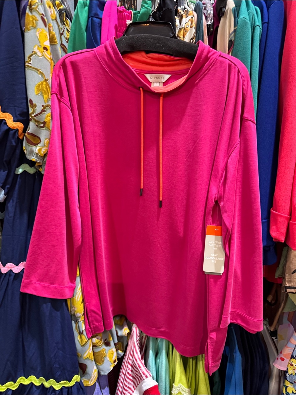Multiples Hot Pink Funnel Neck Pullover with Orange Drawcords